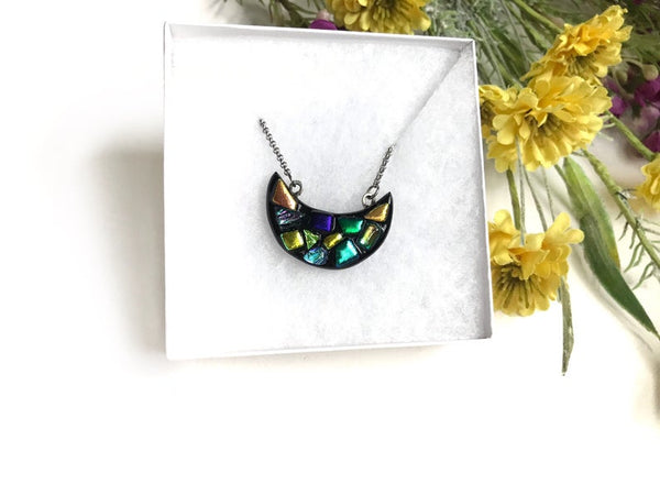 Crescent Moon Dichroic Fused Glass Pendant with Stainless Steel Necklace