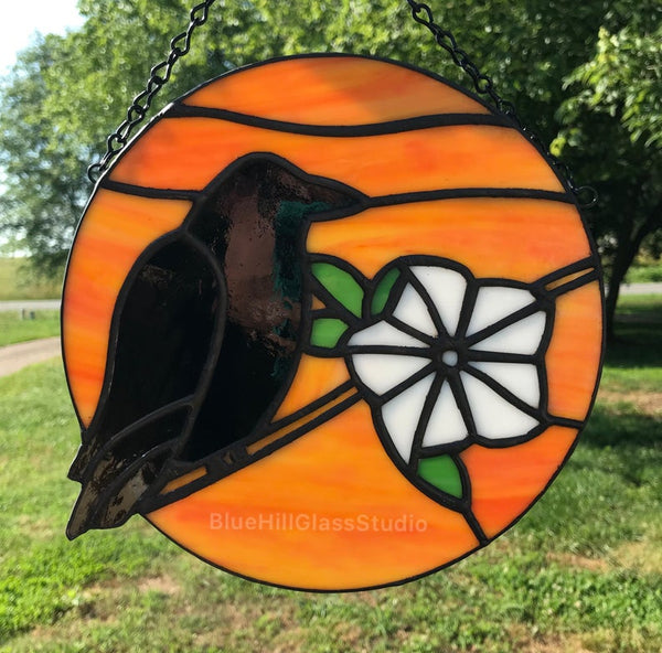 Crow and Moonflower stained glass sun catcher
