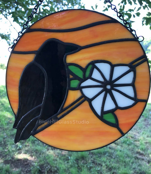 Crow and Moonflower stained glass sun catcher