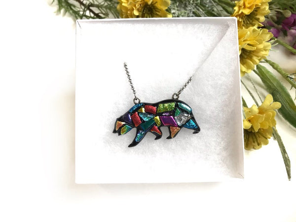 Bear Dichroic Fused Glass Pendant with Stainless Steel Necklace