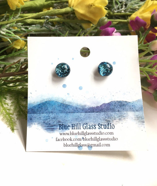 Brilliant Blue Sparkly Dichroic Fused Glass Stud Earrings - Hypoallergenic Titanium Posts