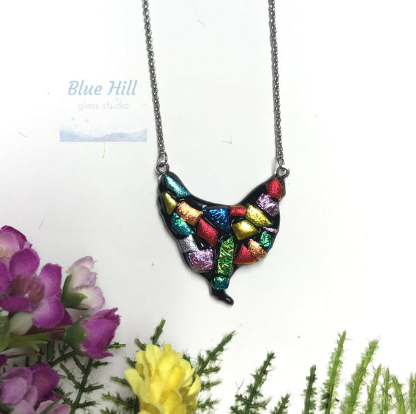 Chicken Dichroic Fused Glass Pendant with Stainless Steel Necklace
