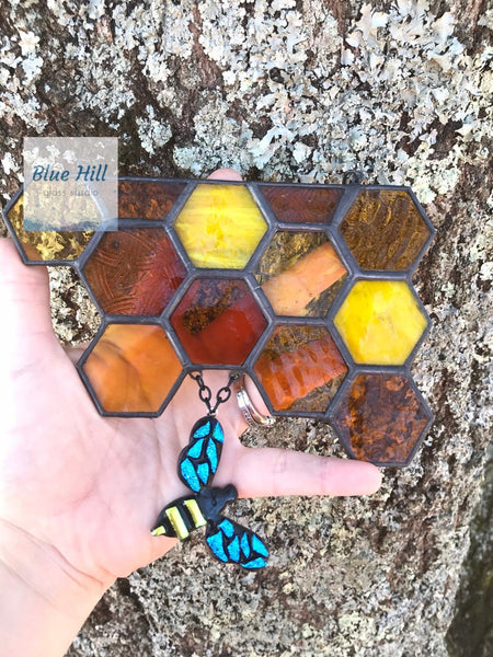 Honeycomb Stained Glass Suncatcher with Dichroic Fused Glass Bee