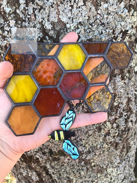 Honeycomb Stained Glass Suncatcher with Dichroic Fused Glass Bee