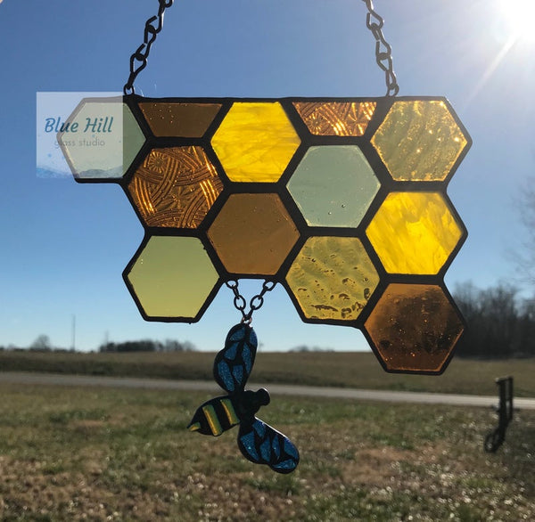 Honeycomb Stained Glass Suncatcher with Dichroic Fused Glass Bee