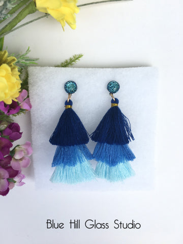 Blue Tassel Dichroic Fused Glass Earrings - Dangles - Glittery Stainless Steel Earrings - Hypoallergenic - Gift for Her - Gift for Mom