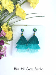 Teal Tassel Dichroic Fused Glass Earrings - Studs - Dangles - Glittery Stainless Steel Earrings - Hypoallergenic - Gift for Her - Gift for Mom - Blue Green