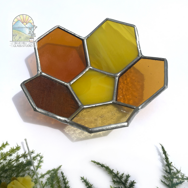 Honeycomb Stained Glass Candle Holder - Honeycomb Bowl - Honeycomb Trinket Dish - 3D Stained Glass - Honeycomb Bee Gift for a Friend