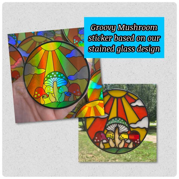 Groovy Mushroom Holographic Sticker - Water bottle Stickers - Laptop Stickers - Vintage Design - Psychadelic Sunshine Mushroom