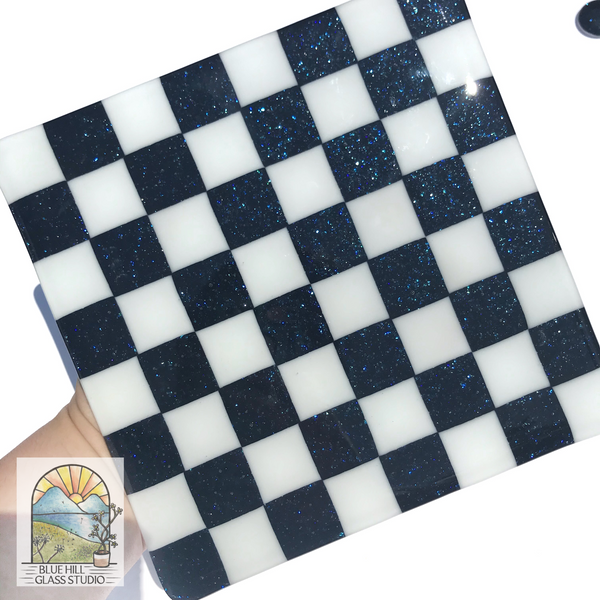 Galaxy Fused Glass Checkers Set in Sparkly Navy Blue and White Glass - Toys and Games - Checkers Set - Checkers Gift Set - Gift for a Friend