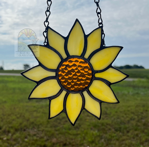 Sunflower stained glass suncatcher in yellow and amber glass