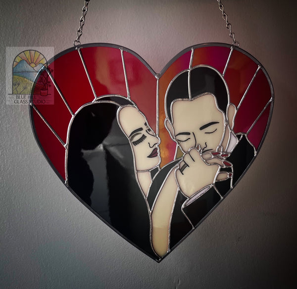 “Cara Mia” - Morticia & Gomez Stained Glass Panel - The Addams Family- Valentines Day