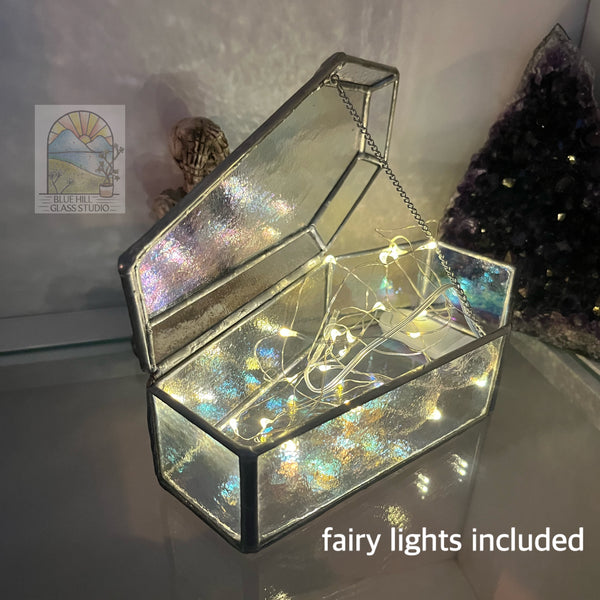 Clear Iridescent Coffin Stained Glass Box - 3D Jewelry Box - Halloween Display