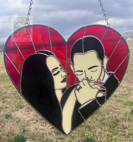 “Cara Mia” - Morticia & Gomez Stained Glass Panel - The Addams Family- Valentines Day