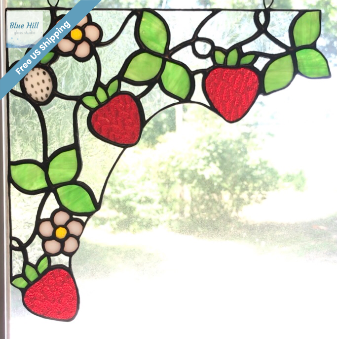 strawberries stained glass corner vine window hanging – Blue Hill Glass
