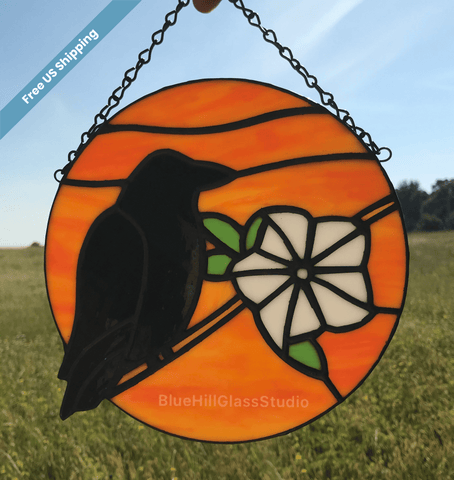 Crow and Moonflower stained glass sun catcher