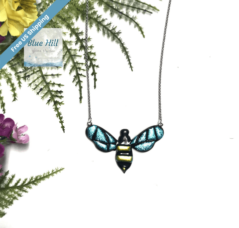 Bee Dichroic Fused Glass Pendant with Stainless Steel Necklace