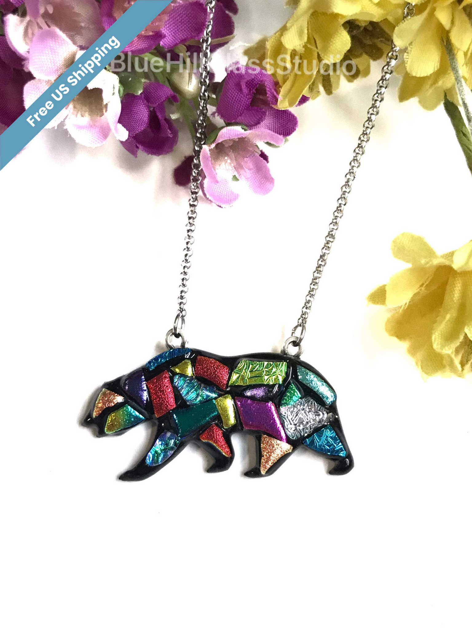 Bear Dichroic Fused Glass Pendant with Stainless Steel Necklace