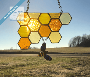 Honeycomb Stained Glass Suncatcher with Dichroic Fused Glass Bee