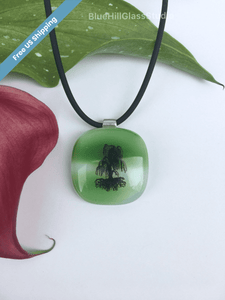 Weeping Willow Fused Glass Necklace in Sterling Silver - Gift for Her - Mother’s Day Gift- Earth Day Gift - Green Tree of Life