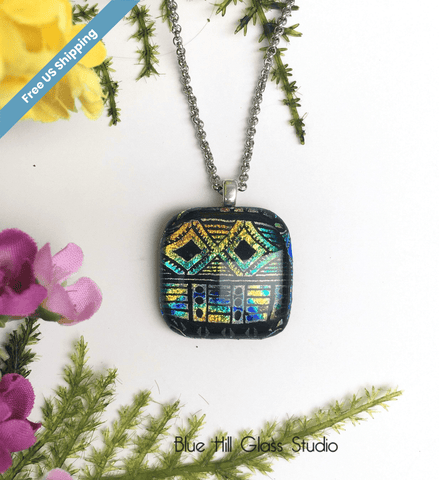 Rainbow Tribal Dichroic Fused Glass Pendant Necklace - Gift for Her - Birthday Gift - Colorful Southwestern Jewelry