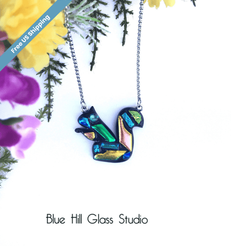 Squirrel Dichroic Fused Glass Pendant with Stainless Steel Necklace - Squirrel Lover Gift - Mosaic Squirrel -  Mother’s Day Gift - Colorful