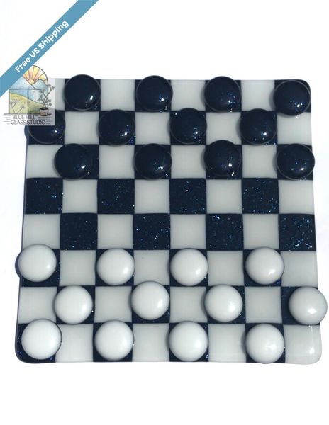 Galaxy Fused Glass Checkers Set in Sparkly Navy Blue and White Glass - Toys and Games - Checkers Set - Checkers Gift Set - Gift for a Friend