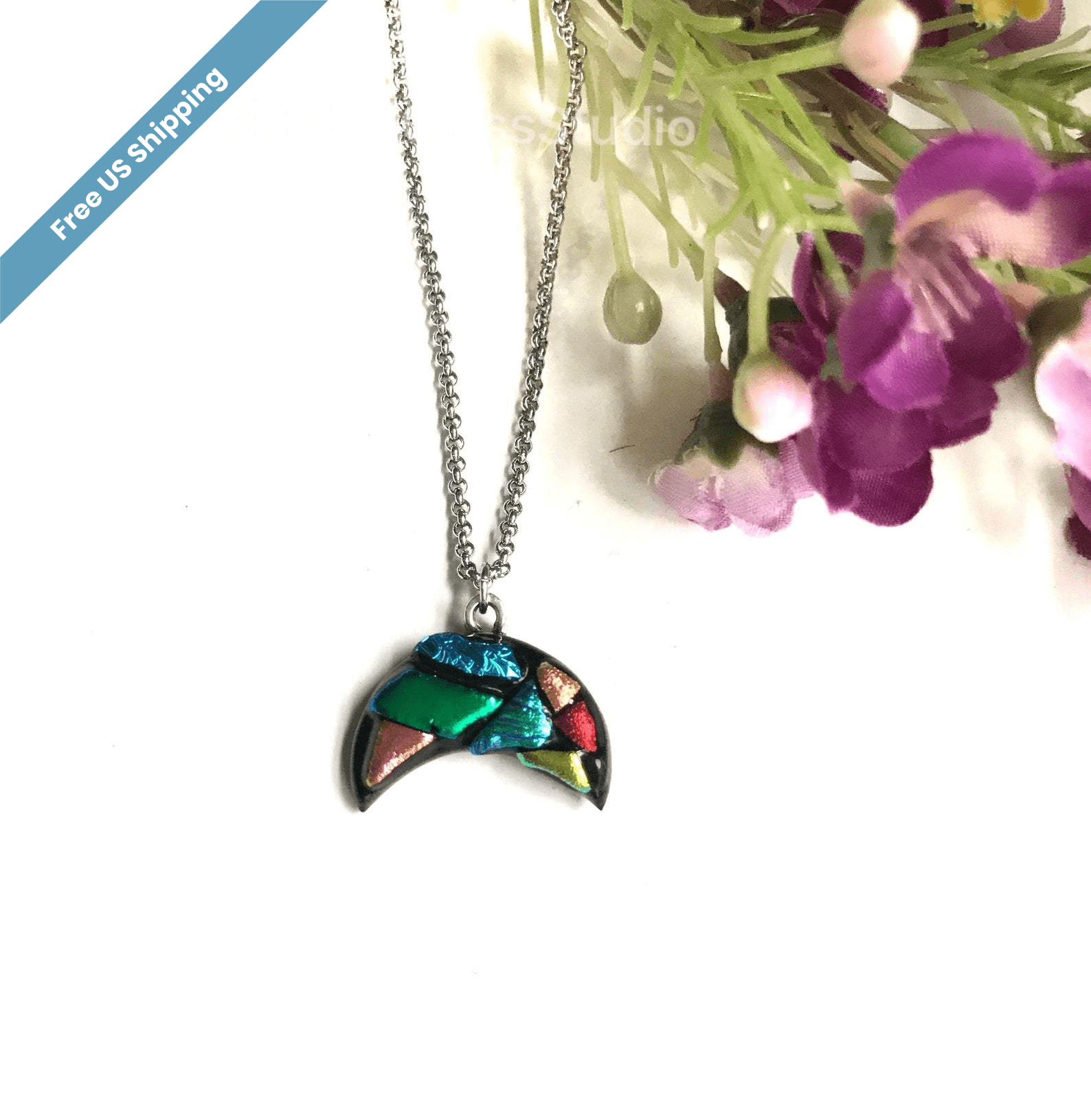 Crescent Moon Dichroic Fused Glass Pendant with Stainless Steel Necklace