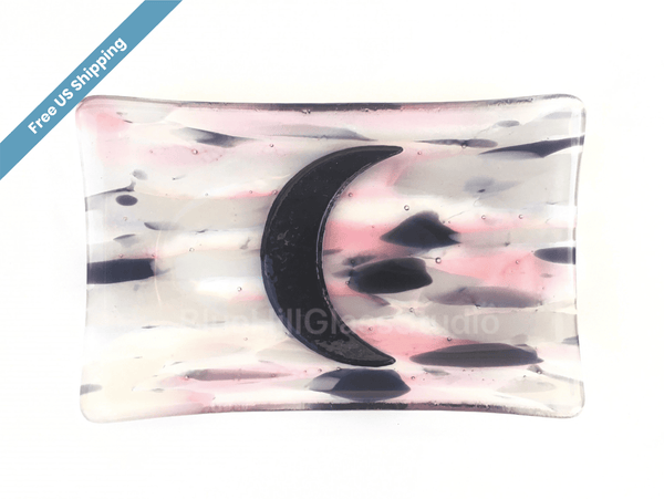 Crescent Moon Fused Glass Soap / Trinket Dish , For jewelry , sponge , candles  , candy dish , ring dish - pink purple dish - gift for her