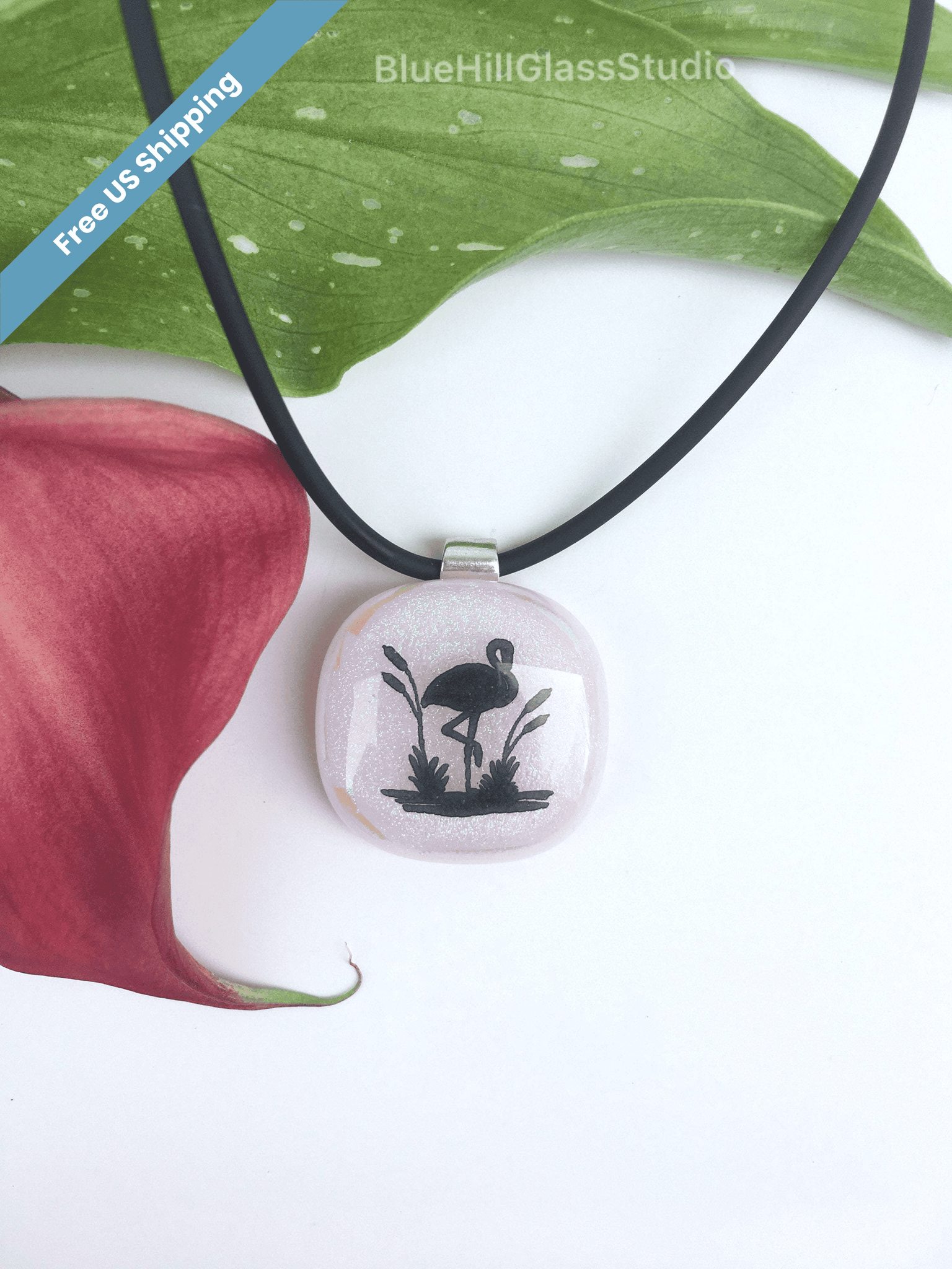 Pink Flamingo Fused Glass Necklace in Sterling Silver - Gift for Her - Mother’s Day Gift- Sparkly Glitter Pink - Gift for Mom - Birthday