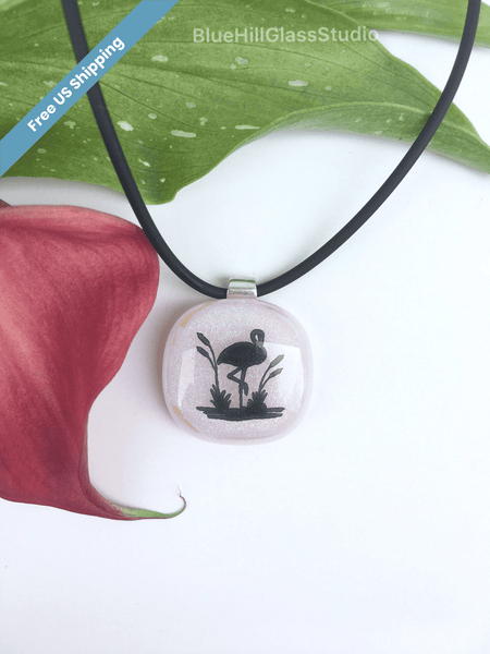 Pink Flamingo Fused Glass Necklace in Sterling Silver - Gift for Her - Mother’s Day Gift- Sparkly Glitter Pink - Gift for Mom - Birthday