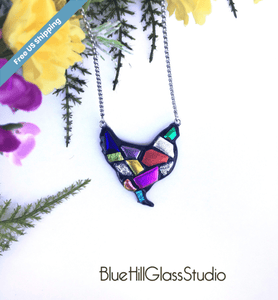 Chicken Dichroic Fused Glass Pendant with Stainless Steel Necklace