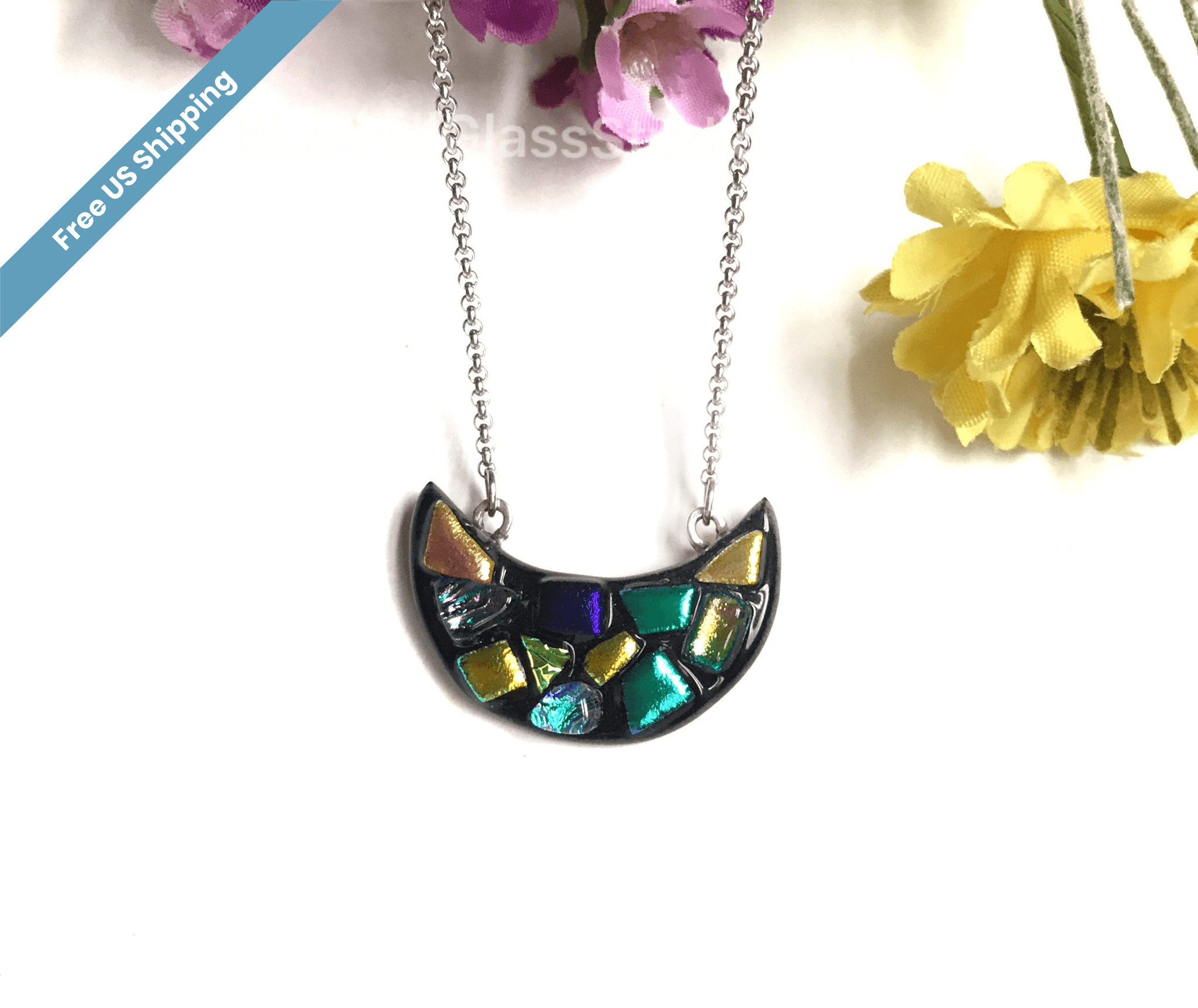 Crescent Moon Dichroic Fused Glass Pendant with Stainless Steel Necklace