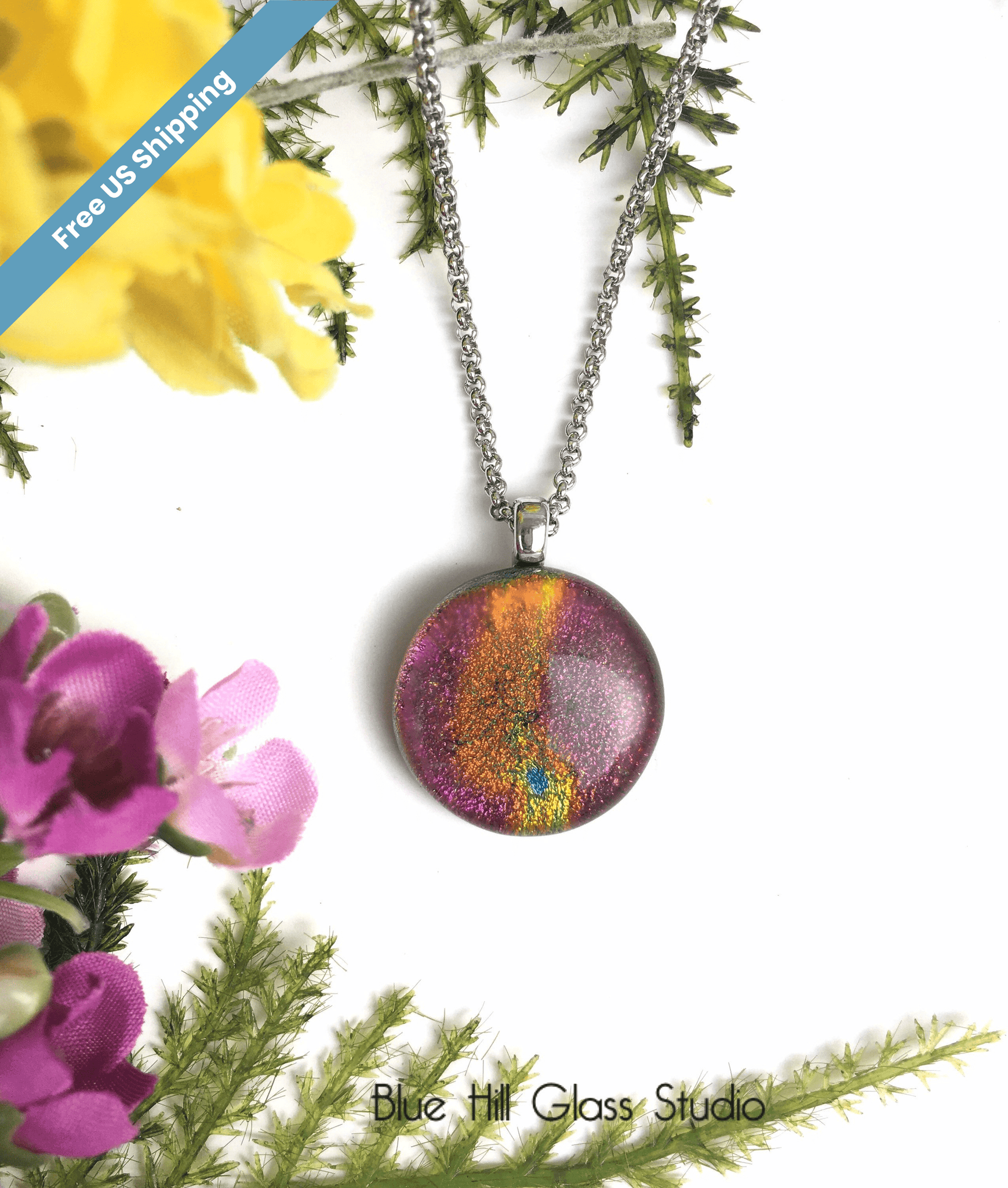 Purple Orange Fused Glass Pendant with Stainless Steel Necklace - Colorful Color Changing -  Mother’s Day Gift - Gift for Her