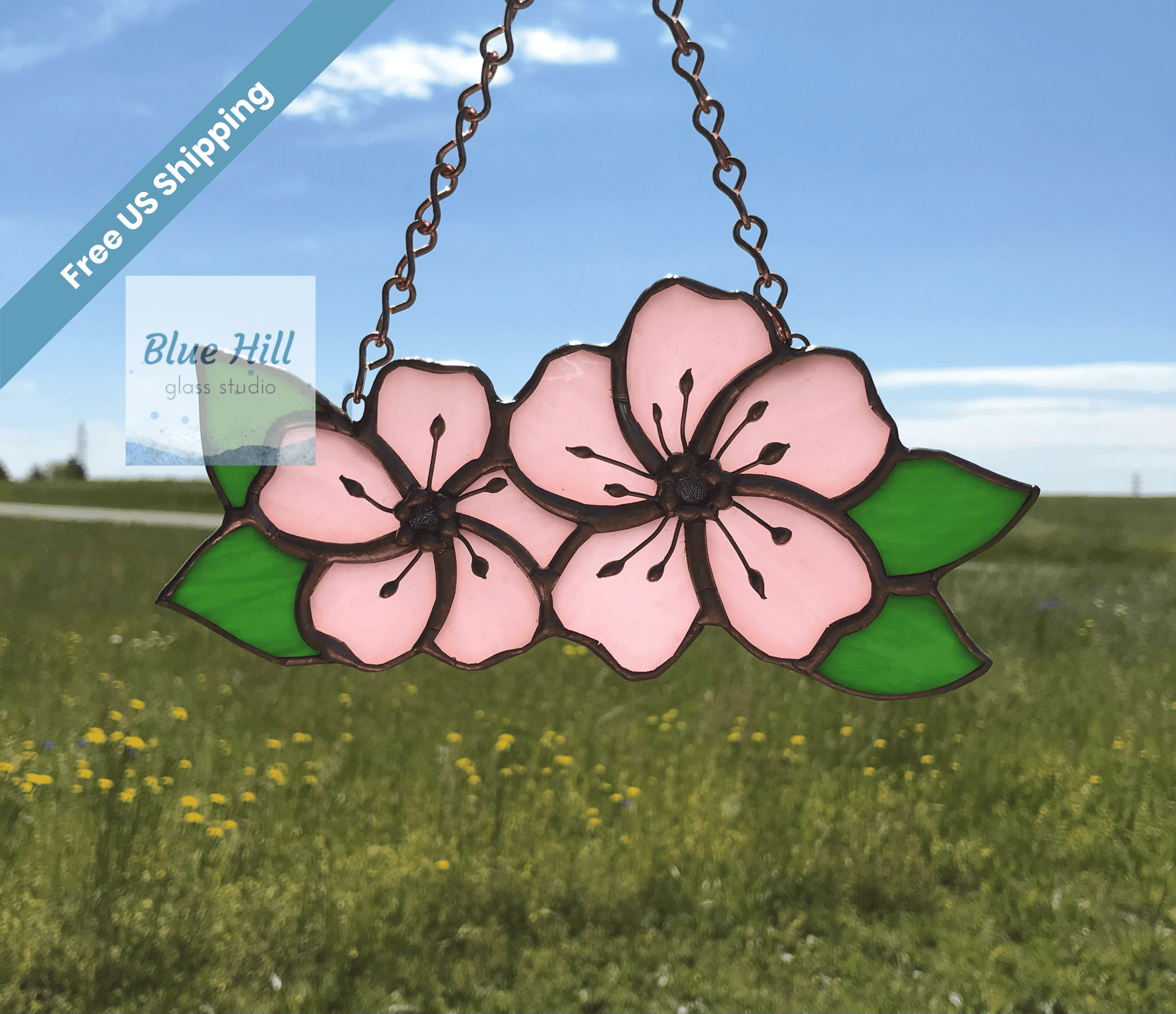 Cherry Blossom stained glass suncatcher in pink and dichroic glass