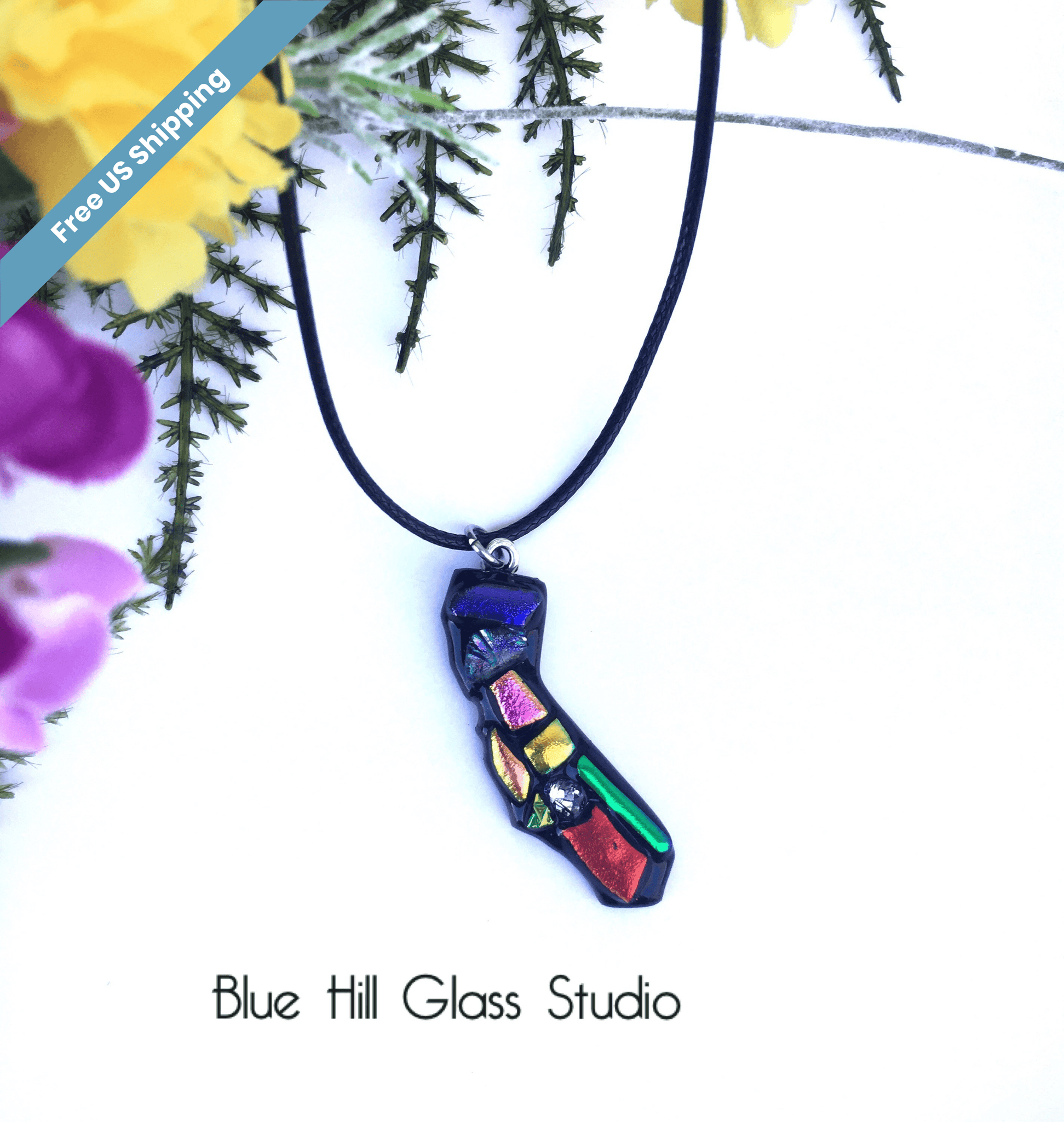California Dichroic Fused Glass Mosaic Pendant with Waxed Cord Necklace