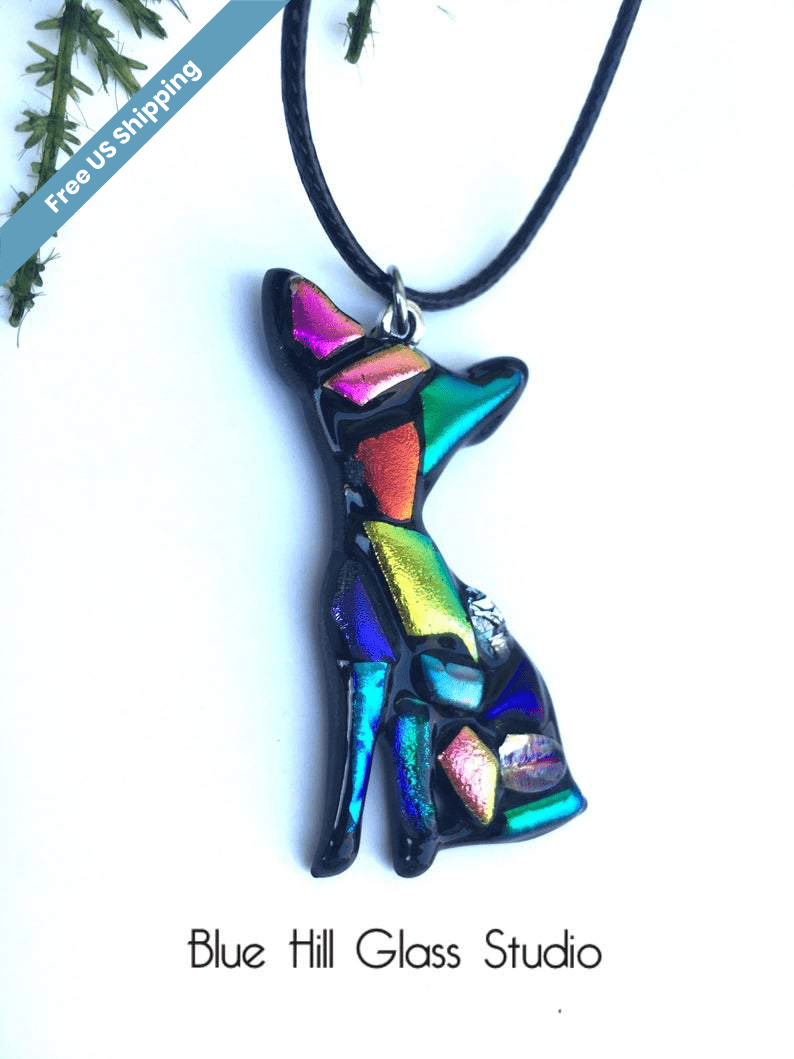 Chihuahua Dichroic Fused Glass Pendant with Stainless Steel Necklace