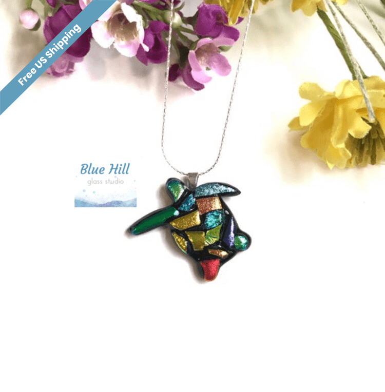 Turtle Dichroic Fused Glass Pendant with Sterling Silver Necklace - Colorful - Turtle Gift - Beach Jewelry - Mother’s Day - Gift for Mom