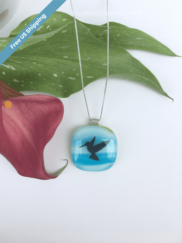 Hummingbird Fused Glass Necklace in Sterling Silver - Gift for Her - Mother’s Day Gift- Hummingbird Lover Gift - Blue and Green