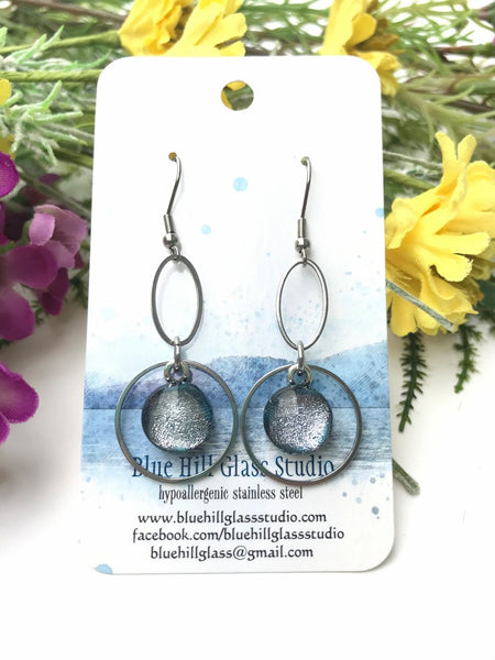 Geometric Fused Glass Dangle Earrings - Circle Oval - Multiple Colors
