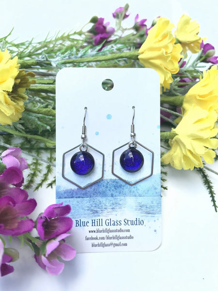 Hexagon Dichroic Fused Glass Earrings - Geometric Dangle - Gift for Her - Gift for a Friend - Modern Simple Lightweight - Blue - Baby Blue