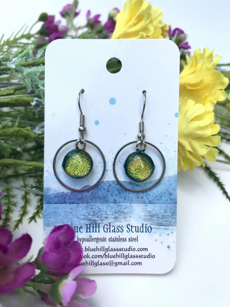 Circle Geometric Dichroic Fused Glass Drop Earrings - Gift for Her - Gift for a Friend - Simple Lightweight - Blue - Green - Pink