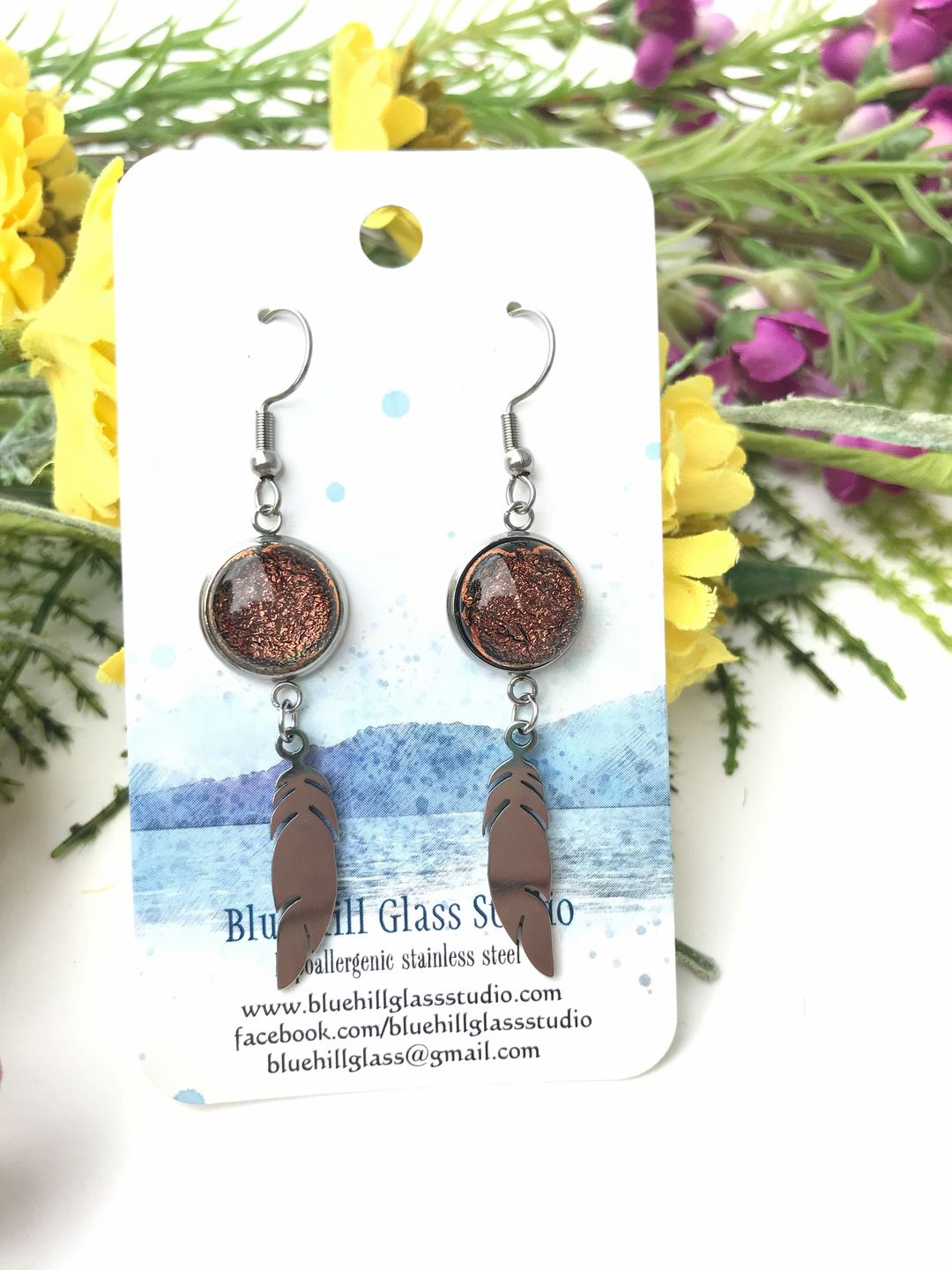 Feather Dichroic Fused Glass Dangle Earrings - Multiple Colors