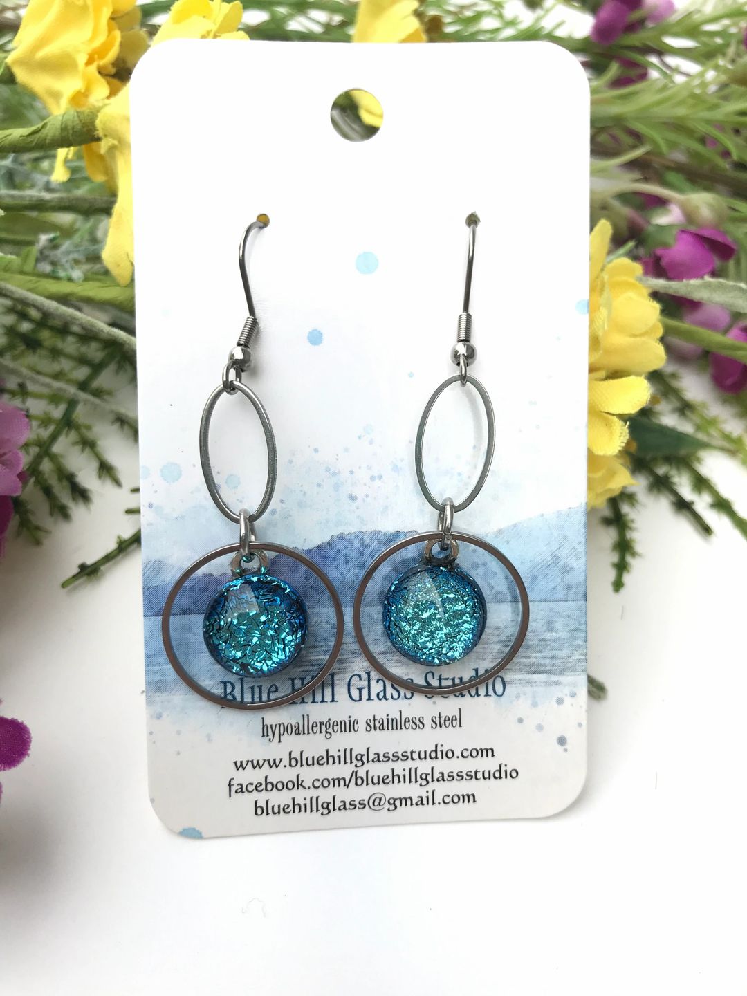 Geometric Fused Glass Dangle Earrings - Circle Oval - Multiple Colors