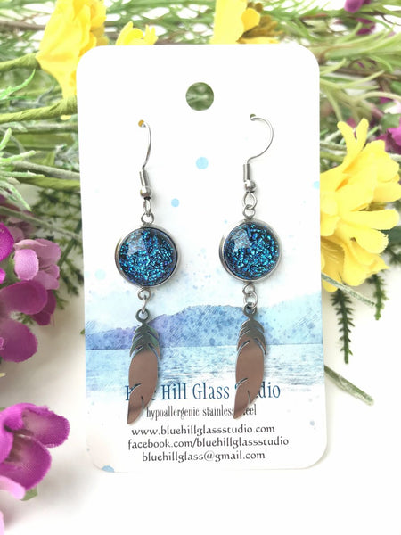 Feather Dichroic Fused Glass Dangle Earrings - Multiple Colors