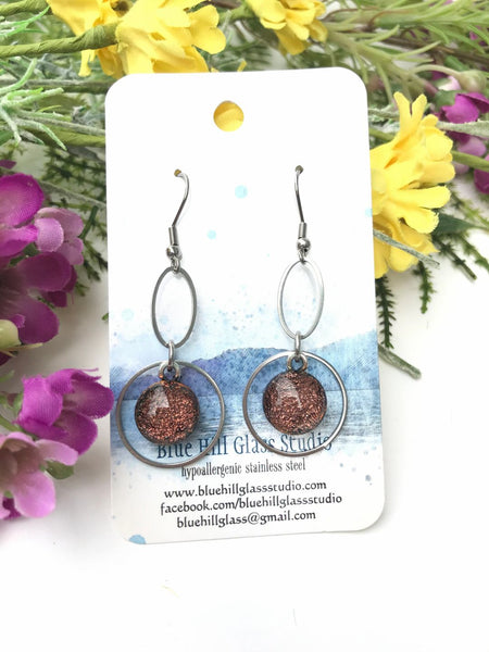 Geometric Fused Glass Dangle Earrings - Circle Oval - Multiple Colors