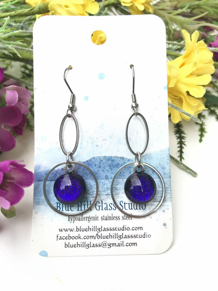 Geometric Fused Glass Dangle Earrings - Circle Oval - Multiple Colors
