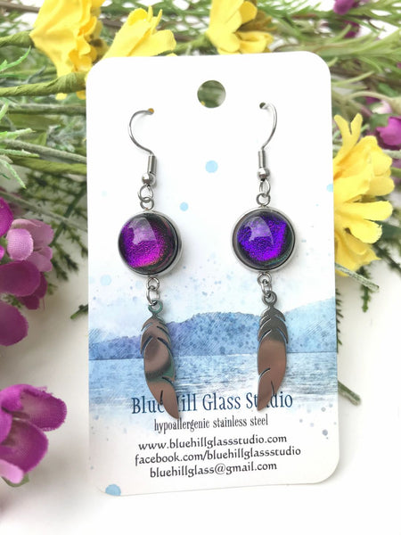Feather Dichroic Fused Glass Dangle Earrings - Multiple Colors