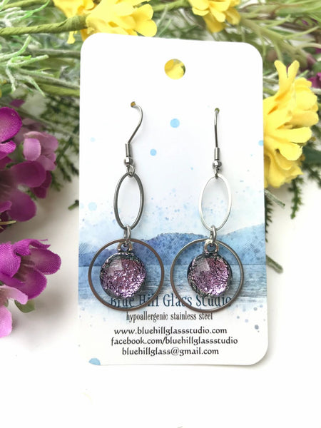 Geometric Fused Glass Dangle Earrings - Circle Oval - Multiple Colors