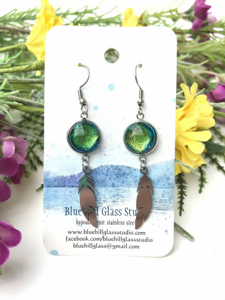 Feather Dichroic Fused Glass Dangle Earrings - Multiple Colors